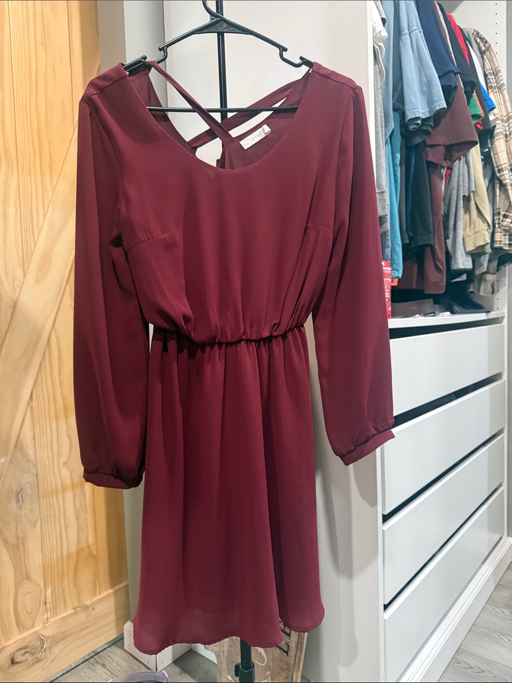 Lush Wine Long-Sleeve Crisscross Back Dress